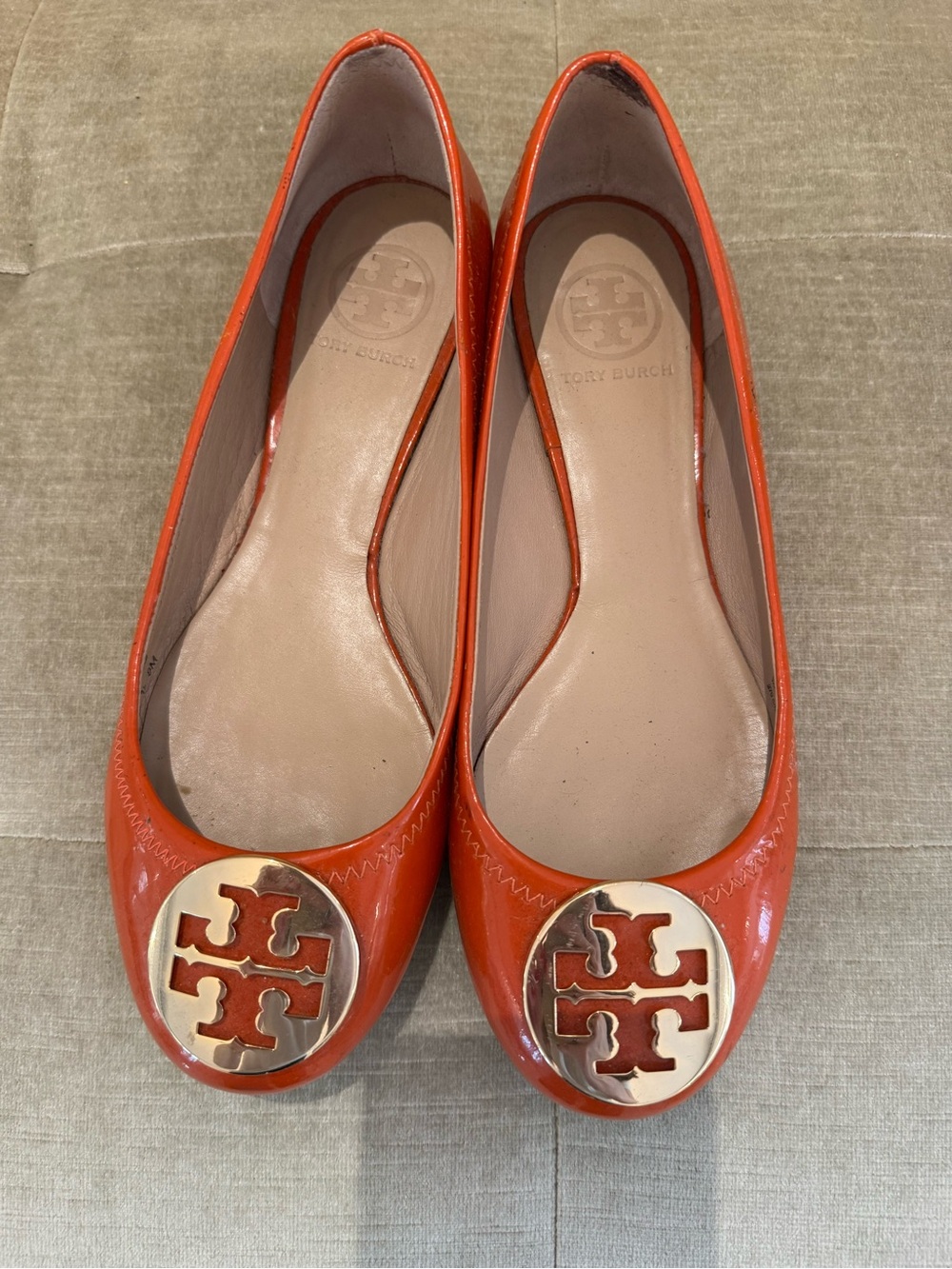 Tory Burch Orange Patent Minnie Travel Ballet Flats NWOT